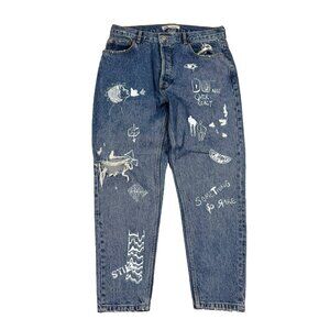 Zara Mens 34 Distressed Doodle Print Graphic Jeans Blue